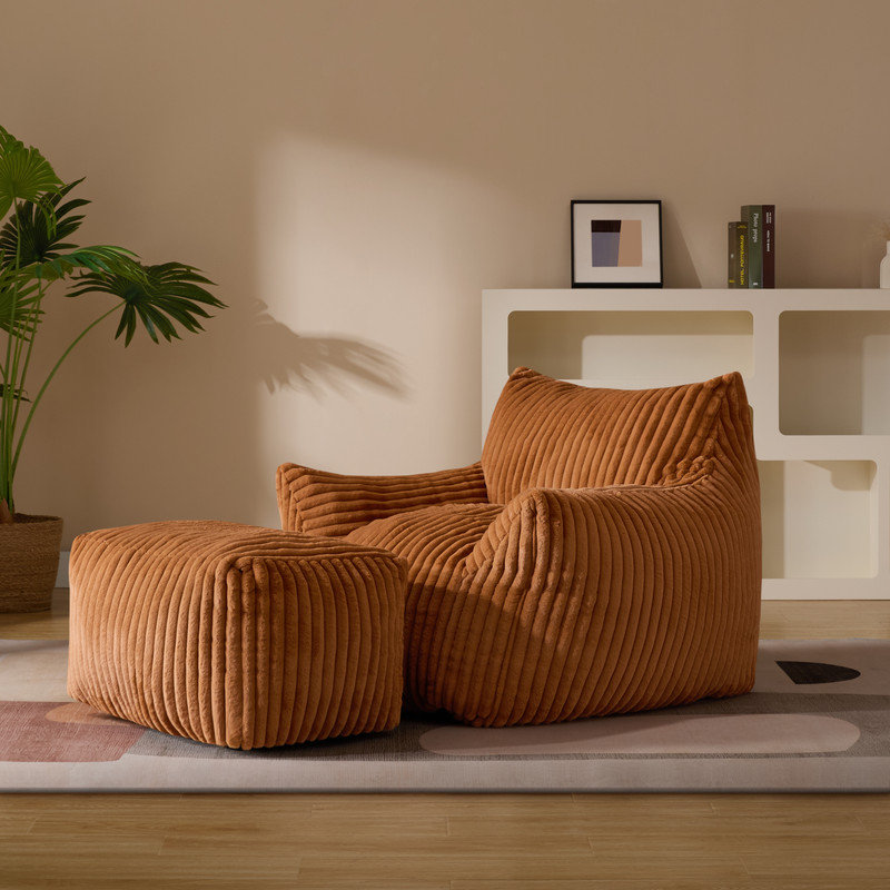Striped Corduroy Lazy Suspension Sofa Set with Footstool, High Density Memory Foam Padding, Spacious Seat, Installation Free Design