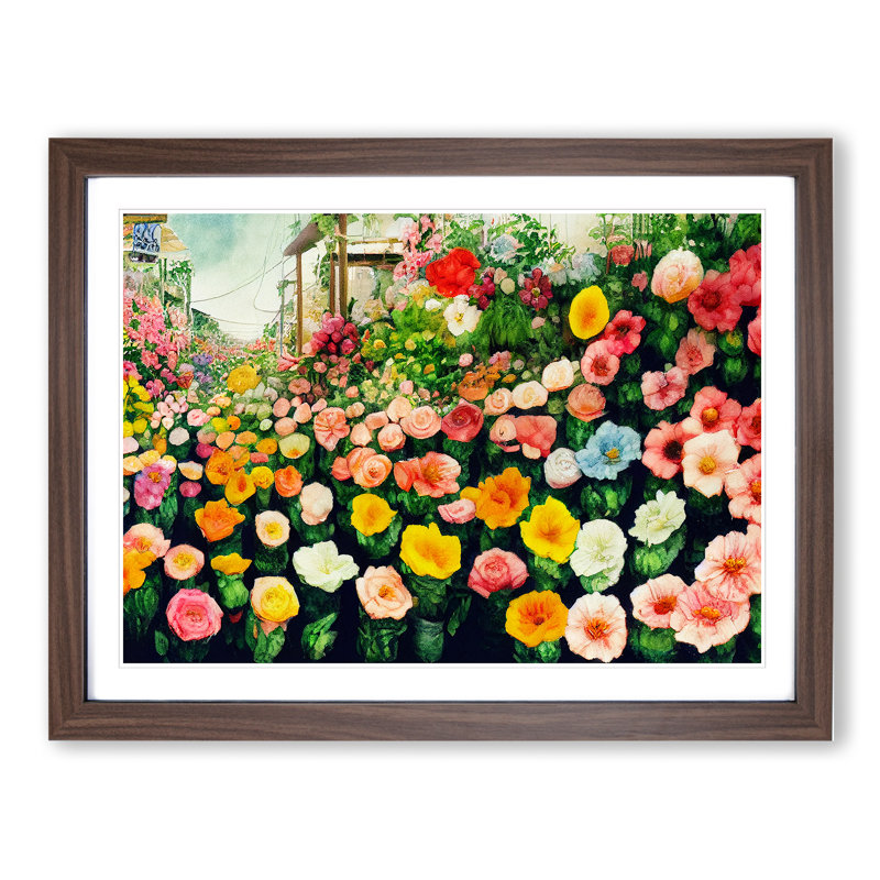 Flower Market - Single Picture Frame Print, 46cm H x 64cm W x 2cm D, Walnut