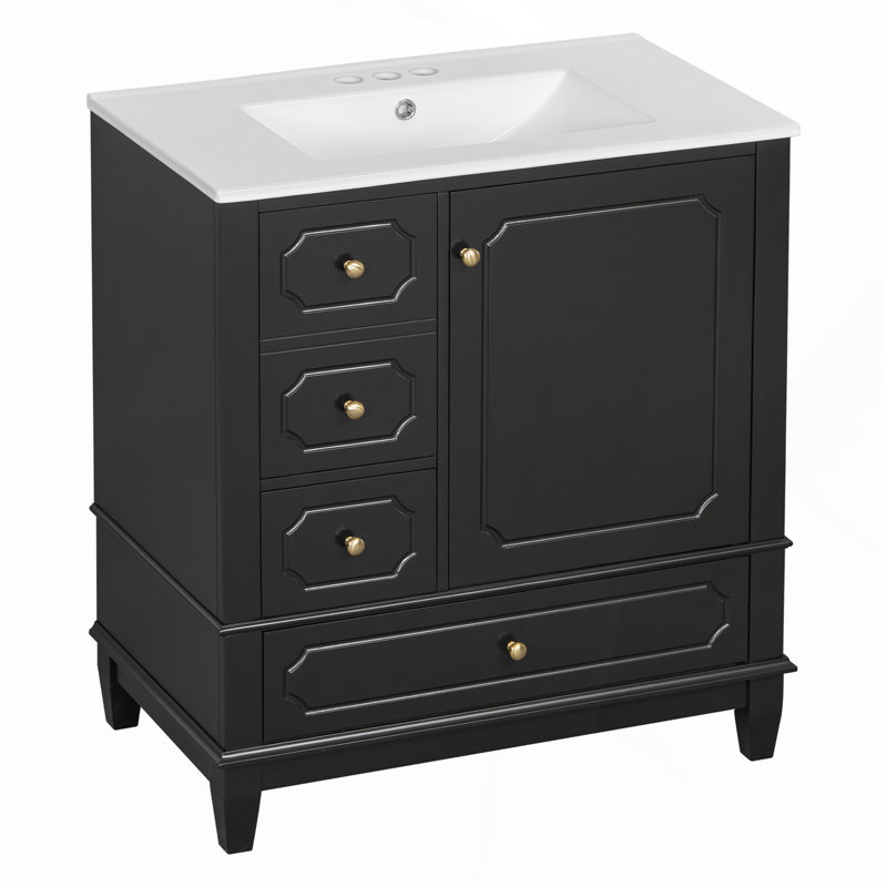 Meuble-lavabo autoportant de 30 pouces avec lavabo en céramique, structure en bois massif, portes à fermeture en douceur et plusieurs options de rangement