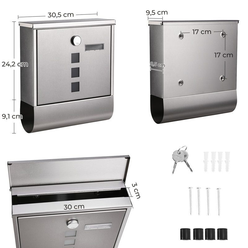 Lenka Steel Post Mounted Post Box, Silver, 13.1'' H x 12'' W x 3.7'' D
