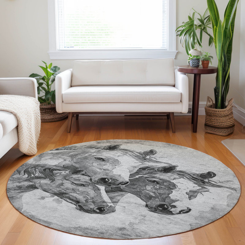 Machine Washable Indoor/Outdoor Cinead ACN1718 Gray Rug, Round 8'