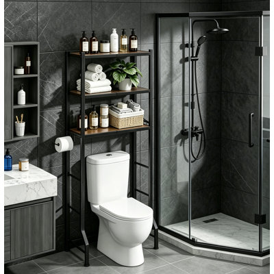 Over The Toilet Storage Rack - Freestanding Over The Toilet Storage Cabinet with Paper Holder & Hooks, Bathroom Organizers and Storage, Brown + Black, 3 Tiers (61" H)