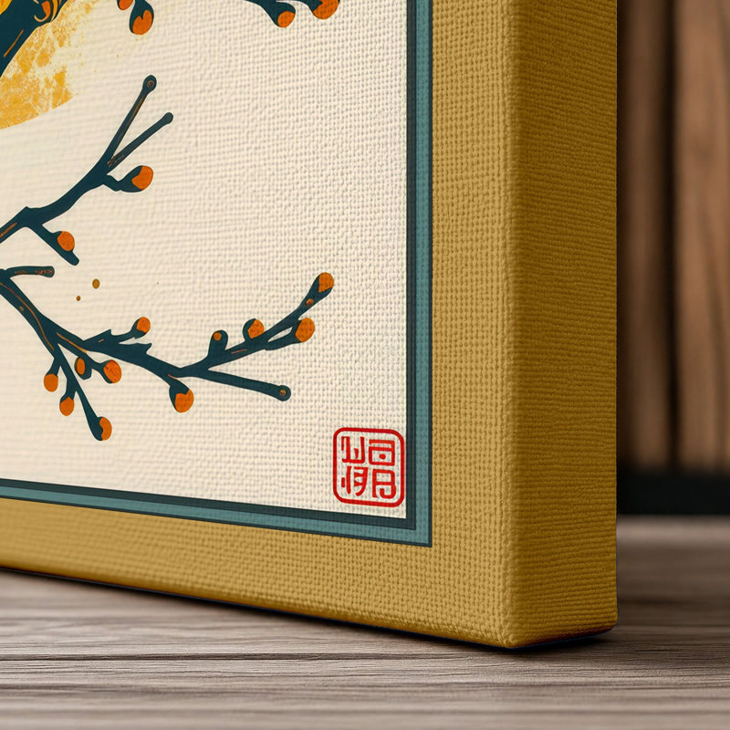 Kingfisher Among Branches Japandi - Wrapped Canvas, 36x24 - 91.4 x 61.0 cm, Ochre Border