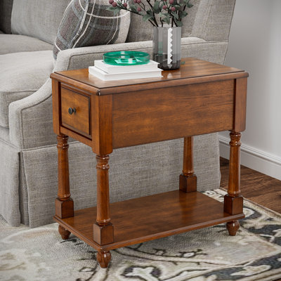 Wexford Collection Set of 2 Rectangular Solid Wood End Tables with Drawer and Storage Shelf, Mid-Century Modern Narrow Side Tables with 4 Legs for Living Room, Bedroom and Small Spaces Brown