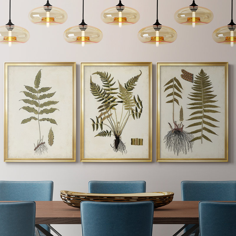 Fern Botanical III - Toile tendue avec châssis sur mesure - 3 pièces, H 30 po x l 63 po, Doré