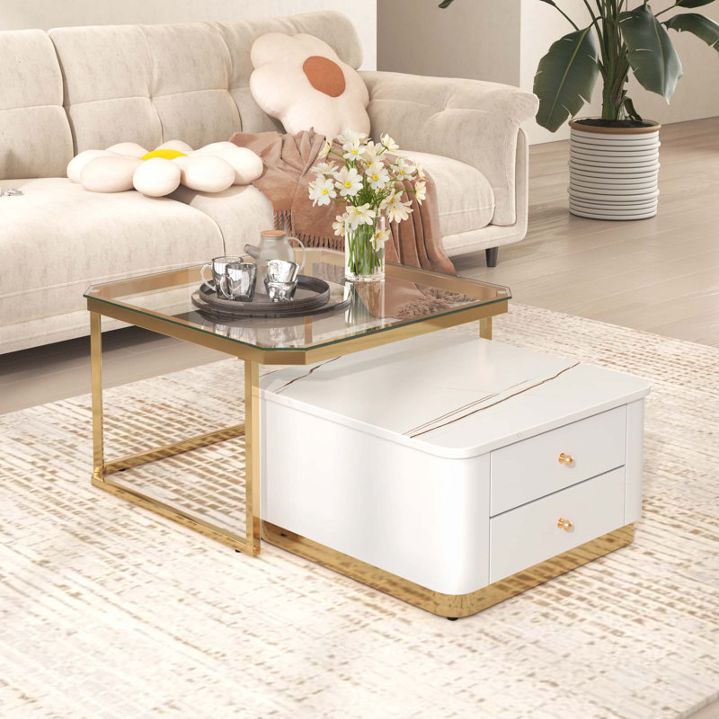 Table basse gigogne moderne 2 pièces avec tiroirs et pieds dorés électrolytiques de 27,6 po Modern, Doré / Blanc