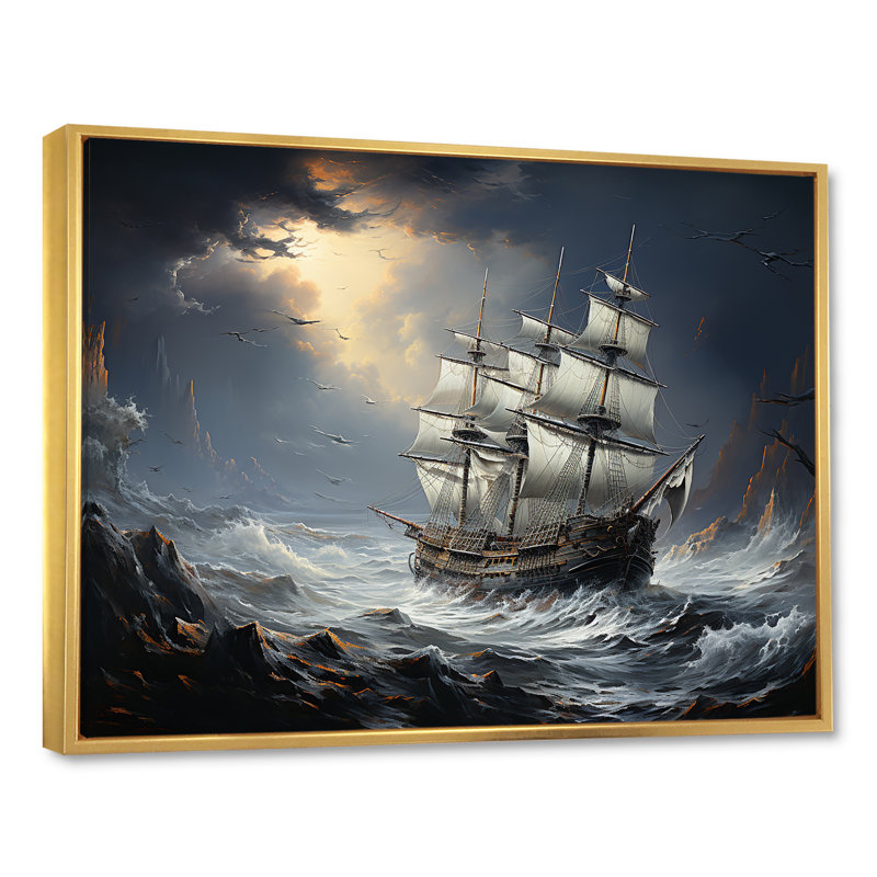 Bateau pirate à Stormy Seas I - décoration murale pirate, H 12 po x l 20 po x P 1 po, Cadre flottant doré