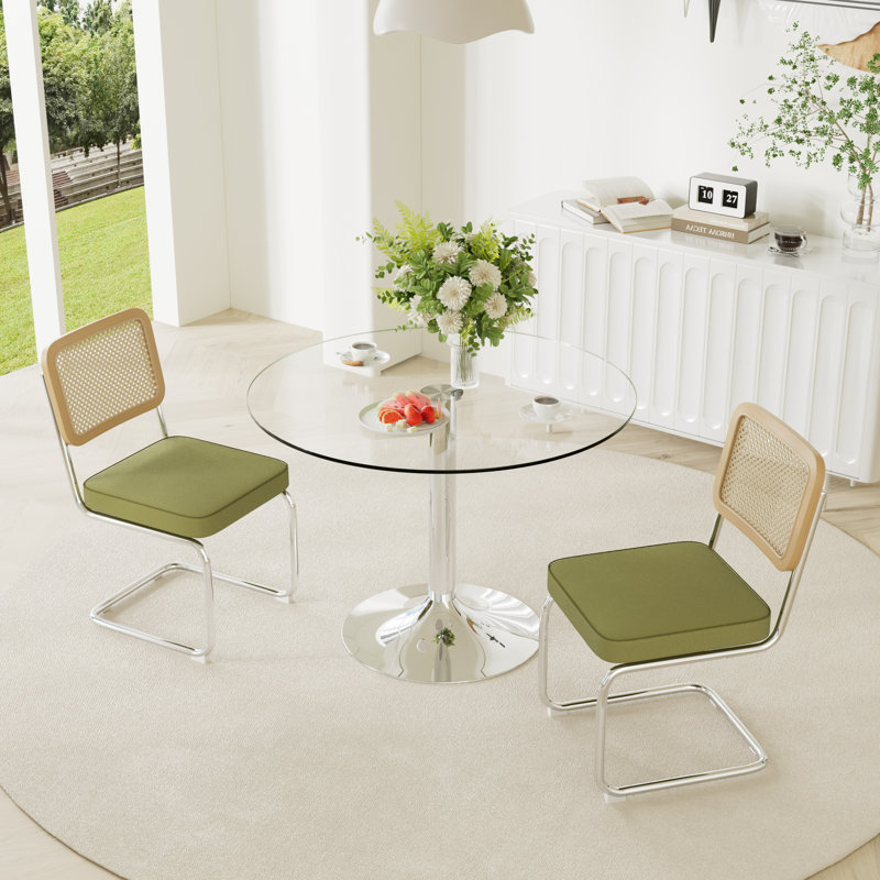 3-Piece Round Glass Dining Table Set, Green, 29.5" H x 39.7" L x 39.7" W