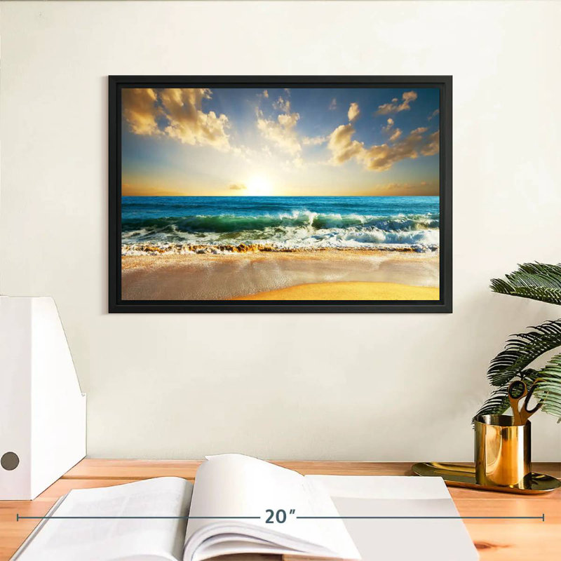 Coucher de soleil sur l'océan, Cadre flottant noir, 13 po x 9 po