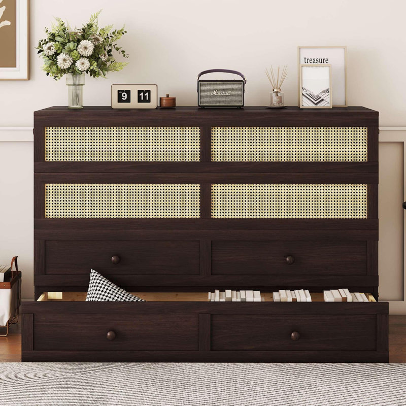 Grand lit escamotable, armoire-lit en bois de pin avec décoration en rotin et tiroir de rangement, espresso, Espresso