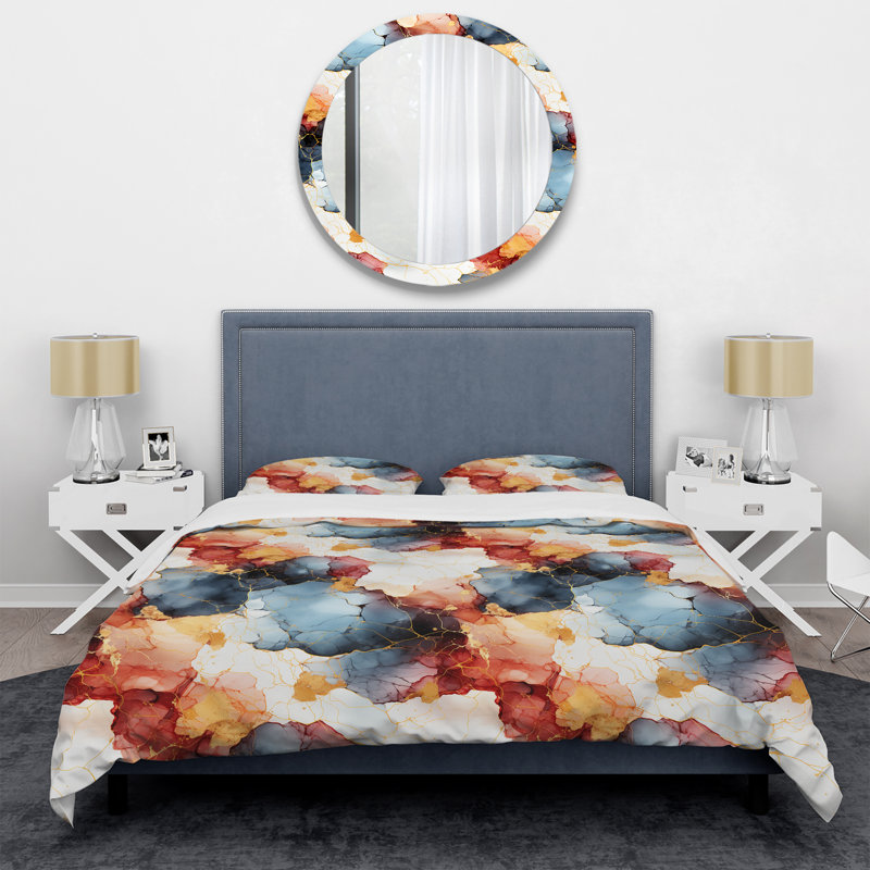 Literie en marbre bleu et rouge Elegance I, Housse de couette simple + 1 taie décorative stan