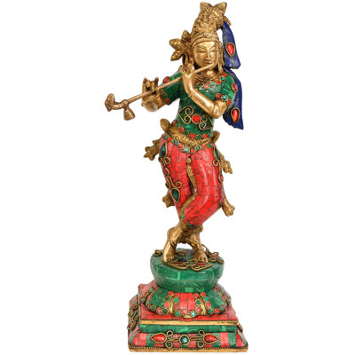 14" Lord Krishna Playing Flute Brass Statue - Handcrafted Murlidhar Sculpture for Temple Home Decor