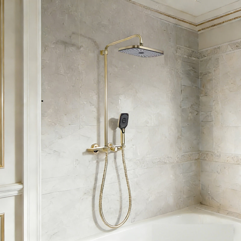 4 Functions Wall Mounted Anti Scald All-In-One Kit Bathroom Complete Shower System Shower with Rain Shower Head & Handshower & Thermostatic Valve, Brushed Gold