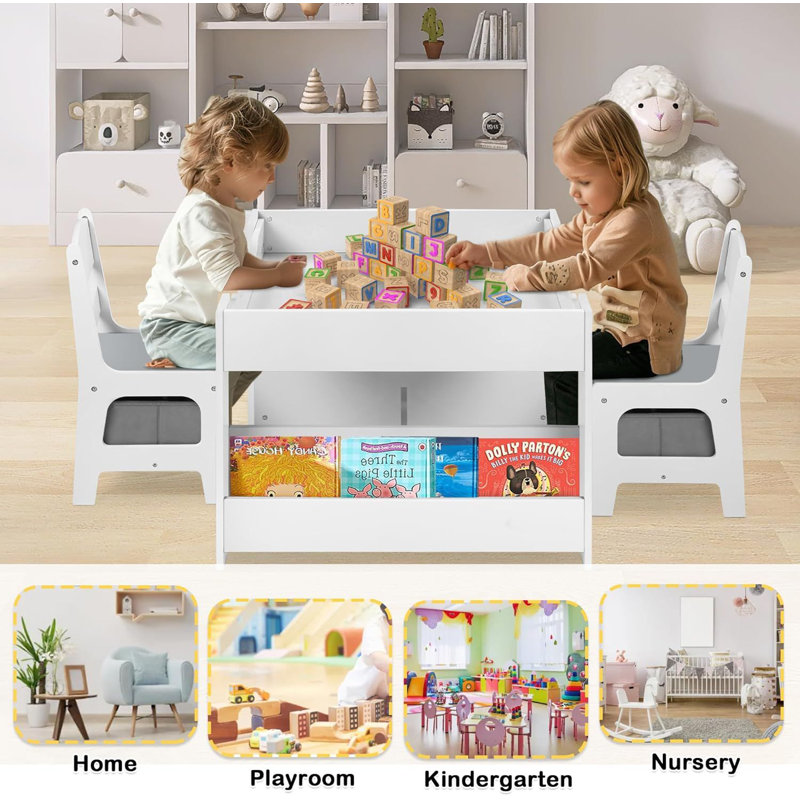 Kids Wood Table & 2 Chairs Set, 4 in 1 Children Activity Table w/Double Bookcase, Blackboard, Toddler Furniture Set