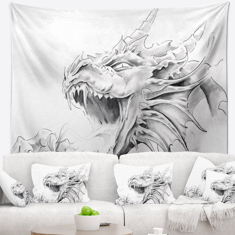 Tapisserie croquis de tatouage dragon, H 32 po x l 39 po