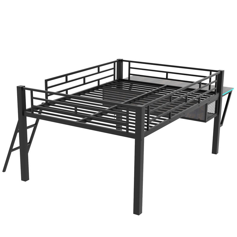 Lit mezzanine avec bureau Gaming, lumières DEL, pleine grandeur, noir - Lit de jeu pour enfants et adolescents