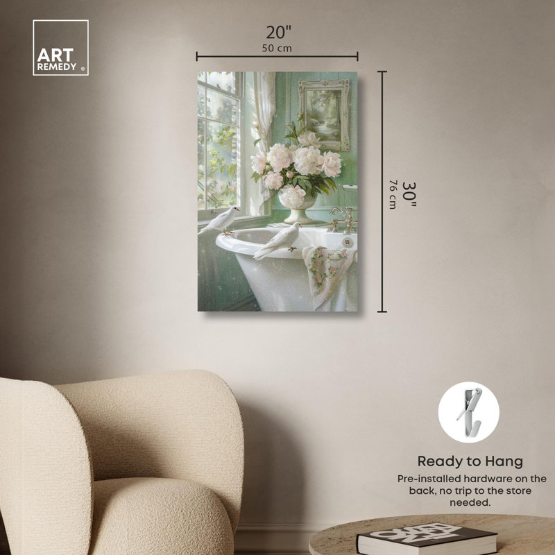 Spring Dove Bathroom Canvas Art in Green and White