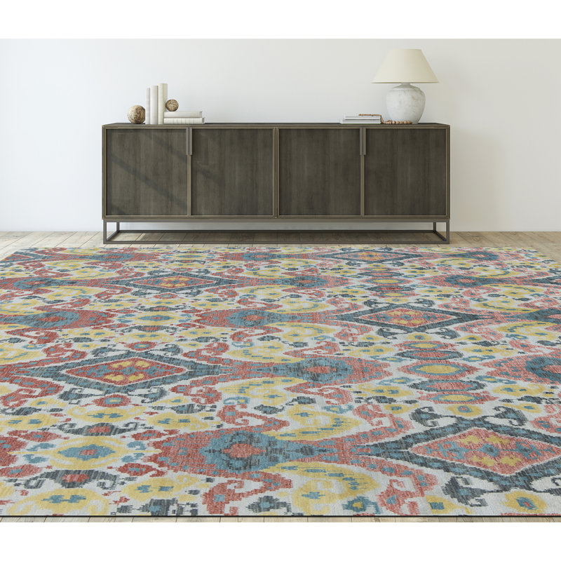 Wool Damask Area Rug in Black/Rust