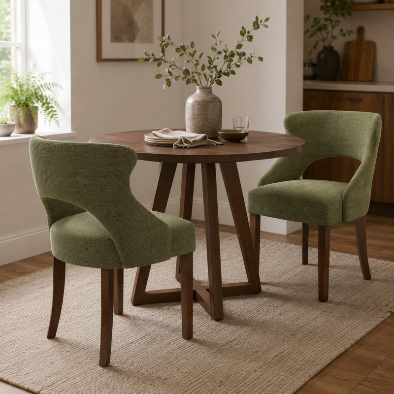 Ensemble de 2 chaises de salle à manger rembourrées en lin vert olive, chaises d'appoint modernes sans accoudoirs avec pieds en bois