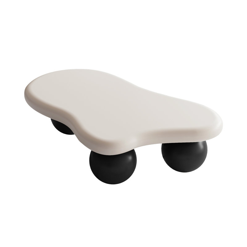 Cloud Shaped Coffee Table, Low Coffee Table With 3 Ball Legs For Living Room, 11.7" H x 40" L x 26.8" W, White Top/Black Base