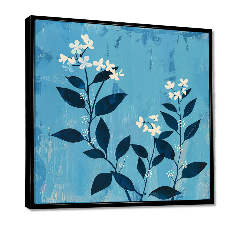 Bégonias blancs sur fond bleu rétro - art mural floral, Toile avec cadre flottant noir, H 36 po x l 36 po x P 1,5 po