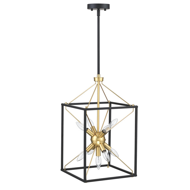 9-Light Modern Rectangle Lantern Pendant Light With Black and Soft Gold Finish And Gold Accents