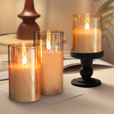 LED Flameless Candle,Rechargeable Flashing Pillar Real Wax Candle with Remote Control and Timer, Upgraded Teardrop Wick, Gold Clear Glass Electronic Candles for Room Decor, Pack of 3