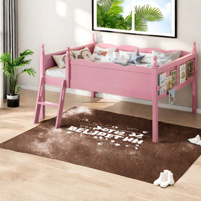 Lit mezzanine double avec rangement, cadre en bois aggloméré, chambre d'enfant rose moderne