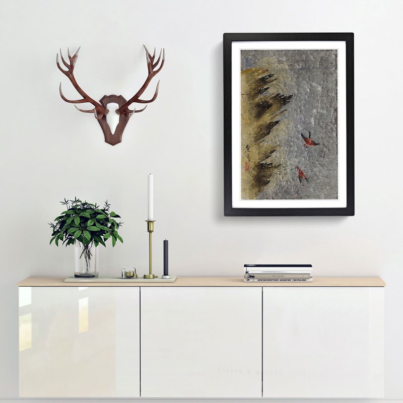 Two Birds by Shibata Zeshin - Framed Print, 48cm H x 36cm W x 2cm D, Black Framed