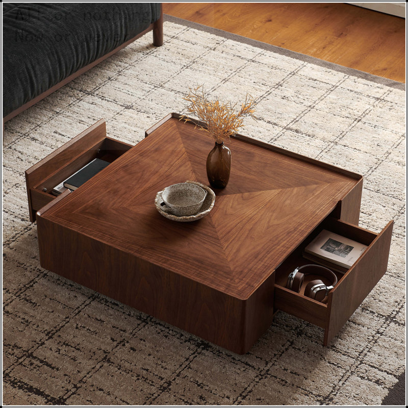 Square Walnut Coffee Table with Two Storage Drawers