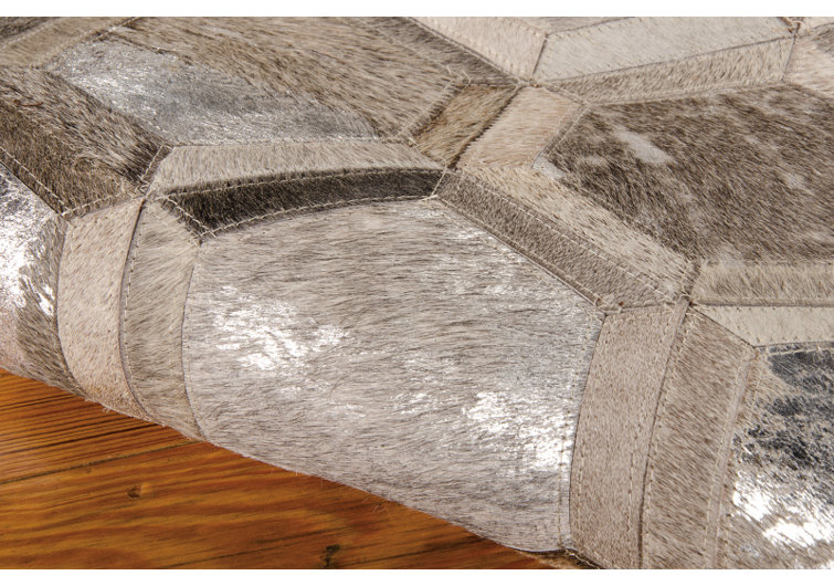 City Chic Leather Geometric Area Rug in Silver/Beige/Gold