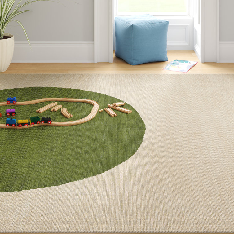Ameah Cirkel Minimalist Geometric Dot Machine-Washable Cream/Green Rug