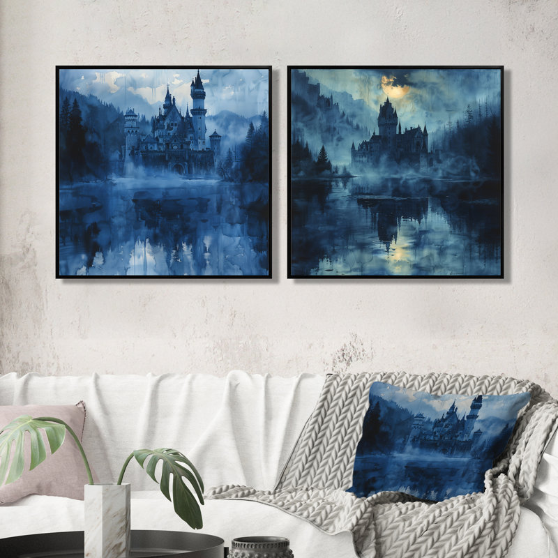 Bleu et noir, château médiéval allemand I, château, art mural, décoration murale traditionnelle, Noir, H 36 po x l 73 po