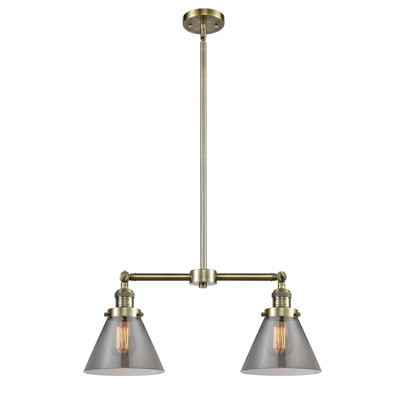 Luminaire suspendu conique pour îlot de cuisine 2 lumières Callahan, Fumée, Laiton antique, Ampoule non incluse