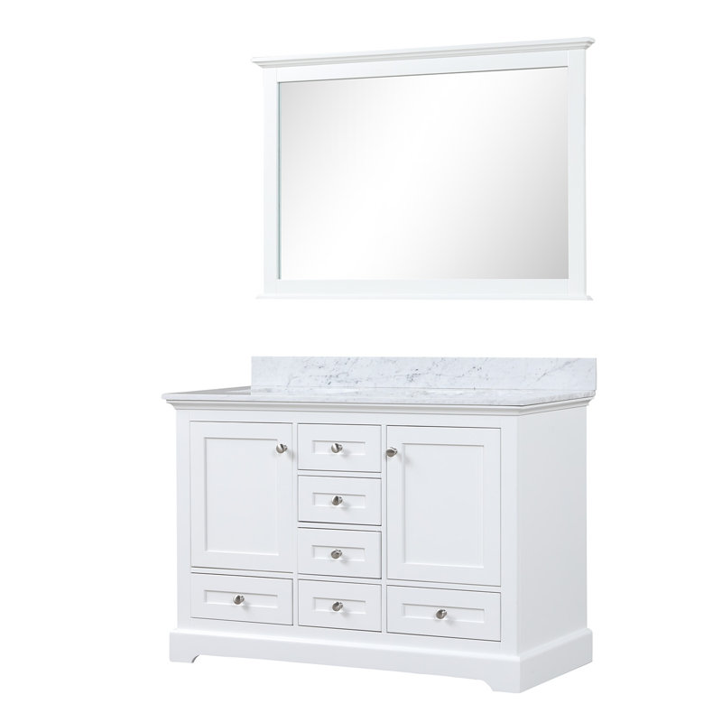 Dukes 48 in. W x 22 in. D Double Bath Vanity and 46 in. Mirror, White Carrara Marble, White