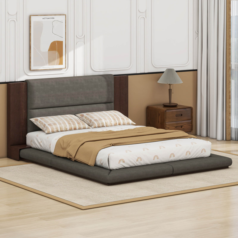 Upholstered Floor Bed With Extended Wood Headboard & Bedside Shelf, Queen
