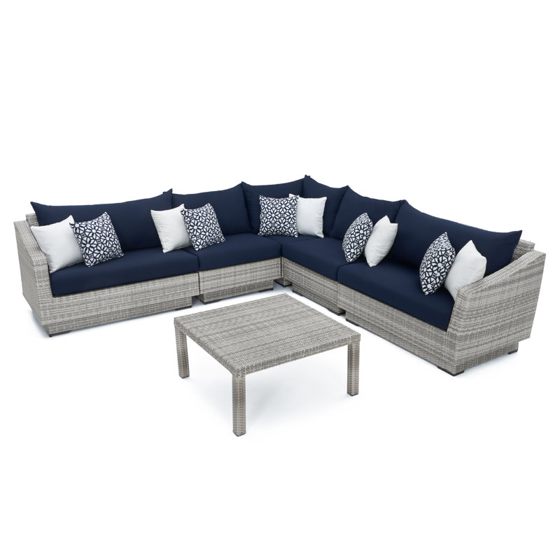 Cannes 6 Piece Corner Sectional and Conversation Table Seating Group with Cushions, Canvas Navy Sunbrella® Canvas