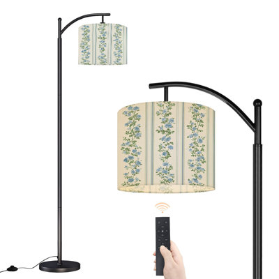Arc Floor Lamp with Adjustable Lampshade Blue Floral Green Leaves Stripes Cream Standing Lamp 3 Colour Temperatures Dimmable Tall Pole Lamp with Foot Switch for Bedroom