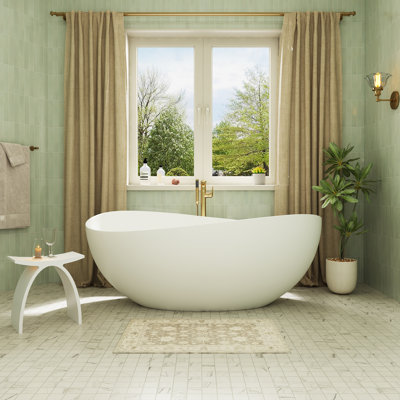 CASAINC 63" Solid Surface Freestanding Bathtub With Built-in Seat, Modern Deep Soaking Bathtub With Wave Design, White