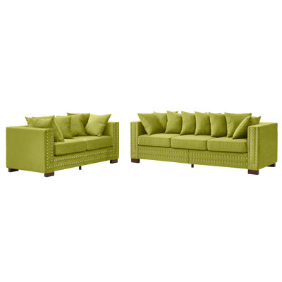 5 + 2 places en velours 2 + 3 avec design moderne, accoudoirs carrés, pieds en bois massif, coussins à ressorts et housses amovibles pour le look du salon, places assises, accoudoirs, rangement pour clous argentés