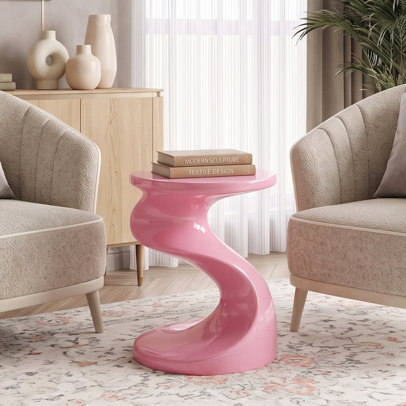 Table d'appoint moderne laquée brillante, piètement en forme de S, design tendance, idéale pour le salon, le canapé, le bureau ou un appartement. Livrée montée, rose.