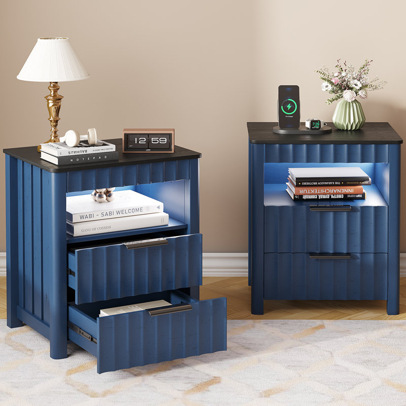 17.7'' W 2-Drawer Nightstand with LED Light (Set of 2), Blue