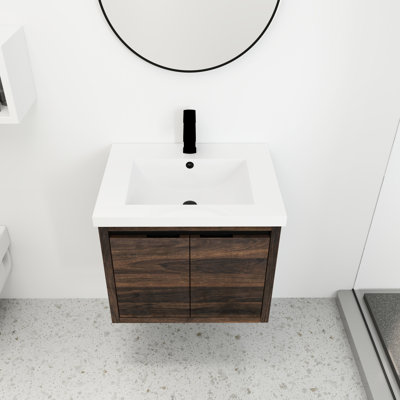 24 Inch Bathroom Storage Cabinet With Basin - Wall Mounted, Walnut, Soft Close, Elegant Mounted Unit Resin Sink And Close Inch, Functional Fixture