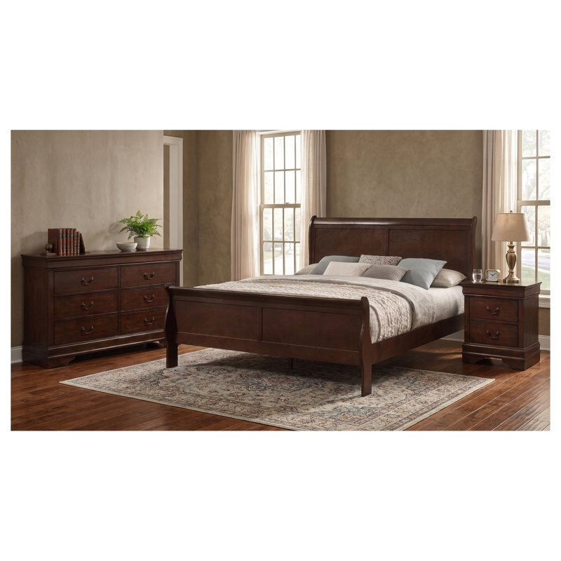 Ensemble de chambre à coucher 3 pièces Henri Charles Cappuccino Eastern King comprenant un lit traîneau, une commode et une table de chevet.