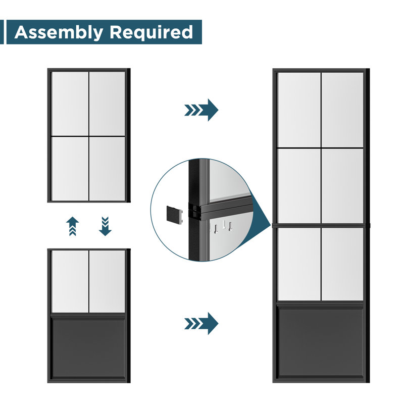 3/4 Lite Metal and Glass Double Barn Door with Installation Hardware Kit and Soft-close, Frosted Glass, 72" x 84"