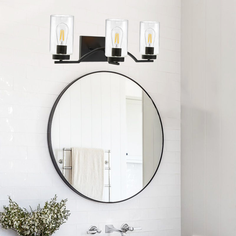 Luminaire de salle de bain 3 lumières murales à finition noire avec abat-jour en verre transparent