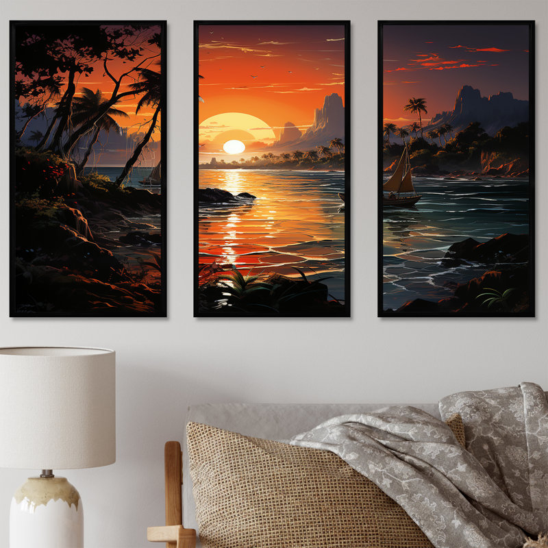 «Vintage Tropical Coastline Paradise V», art mural bord de mer tropical, H 28 po x l 36 po, Cadre flottant noir