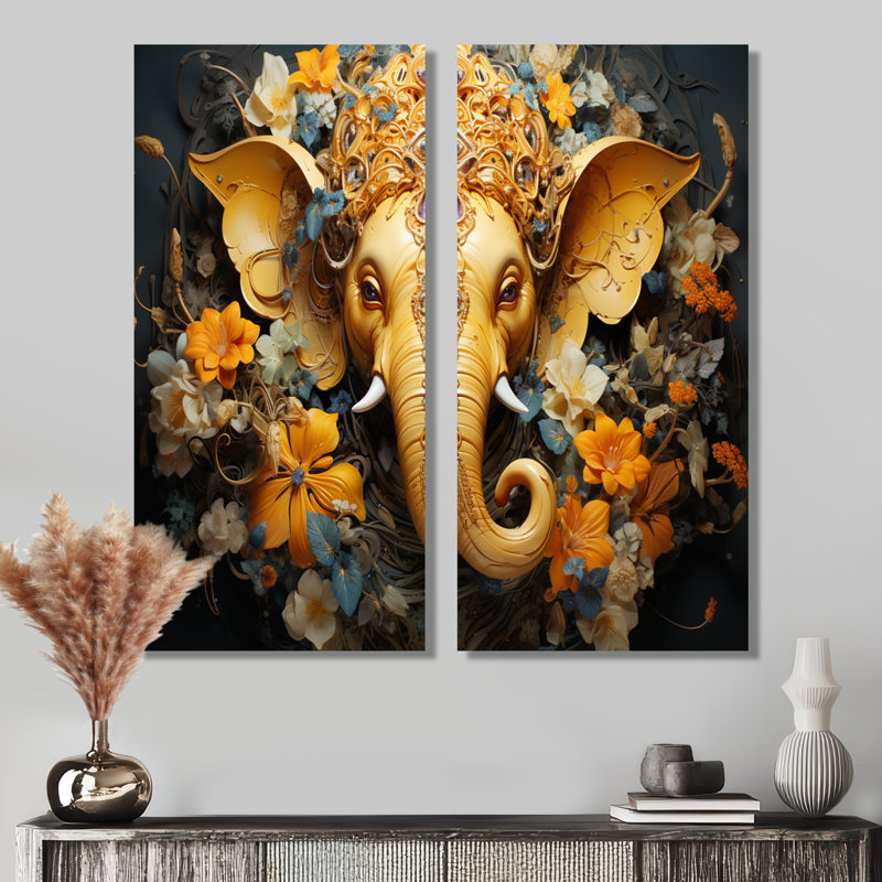 «Hindu Ganesha Elephant Dog Curmeric Tints» - Art mural de l'hindouisme, ensemble de 2 impressions sur toile spirituelles jaunes
