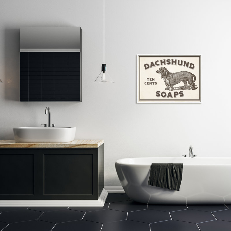 « teckel soap », art textuel sur enseigne, H 30 po x l 24 po x 1,5 po, Estampe numérique encadrée blanc bord de mer