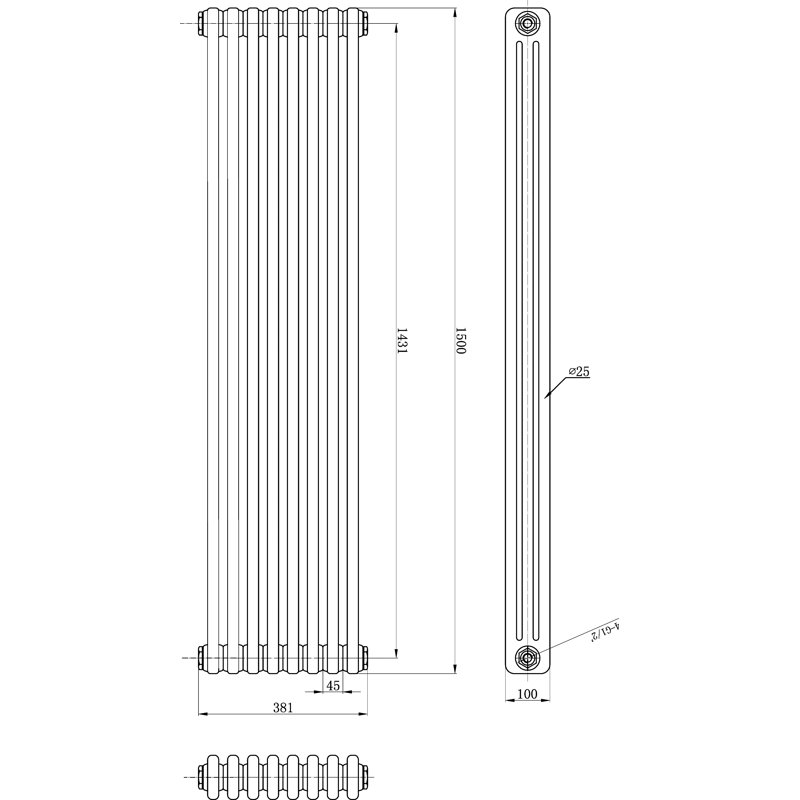 Vertical Traditional Colosseum Radiator, 150 cm H x 38.1 cm W